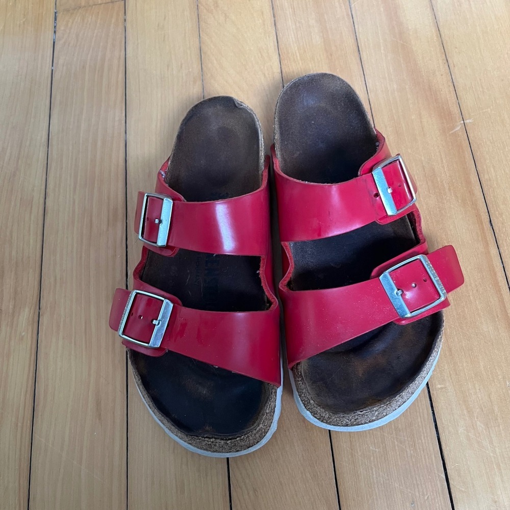 Birkenstock Arizona Red Birko-Flor Sandals EU 35 L4 Narrow Fit White Sole Slide